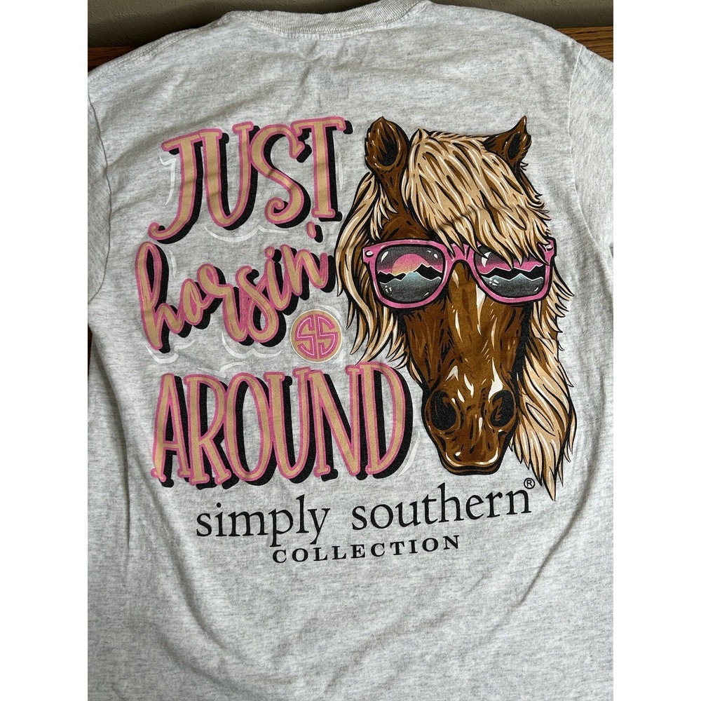 Simply‎ Southern Shirt Women's Small Gray Horsin Around LS Preppy Ladies